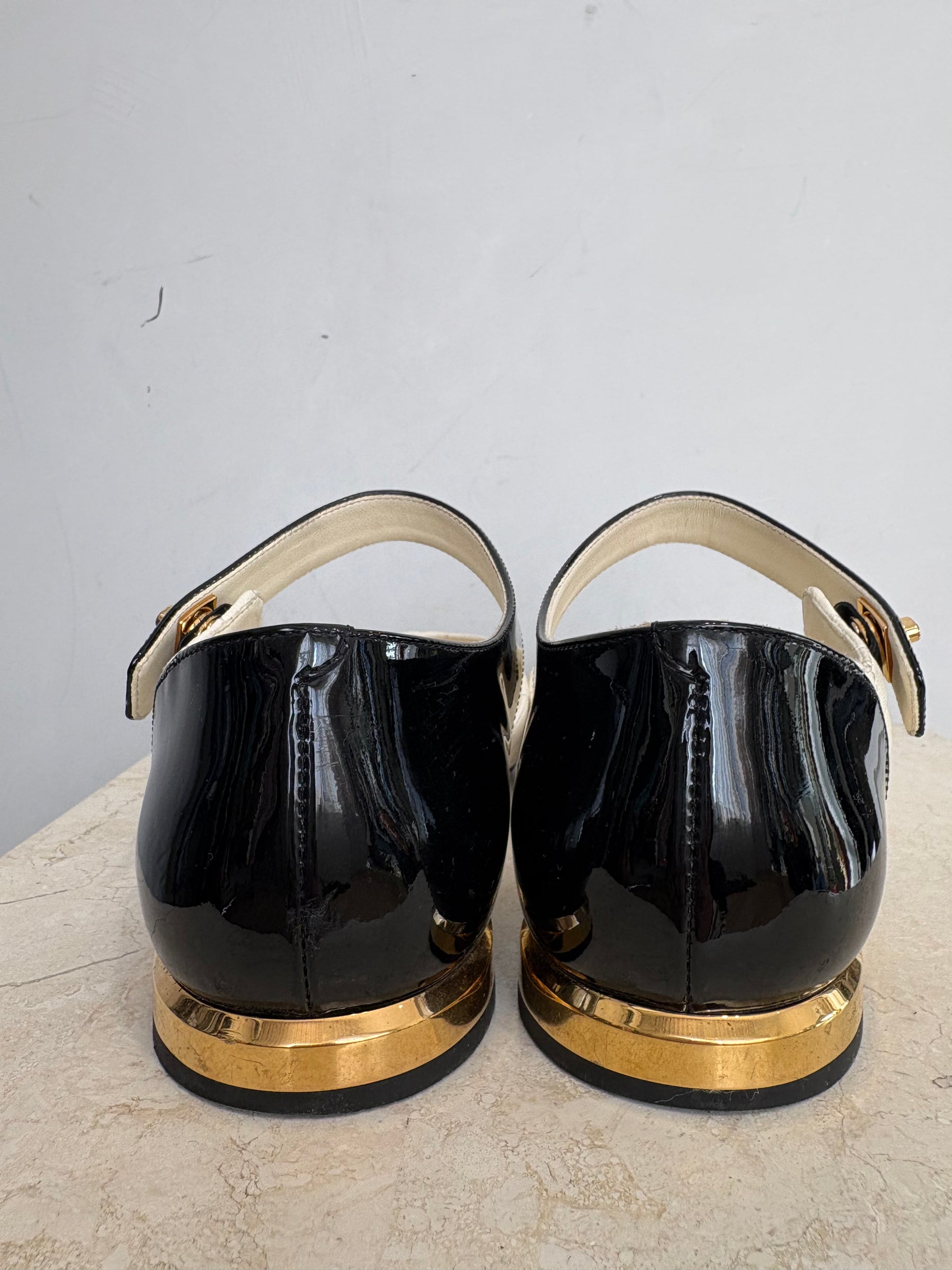 Chanel Lambskin and Patent Calfskin Ivory And Black Mary Jane Shoes, 39.5 C