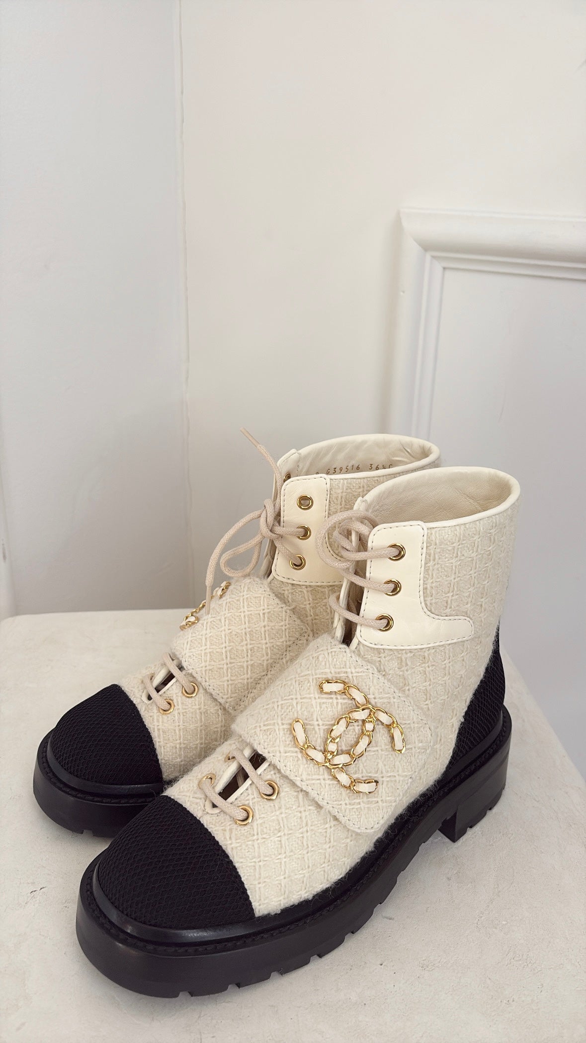 Chanel Ivory Tweed and Black Combat Boots, 36.5 C