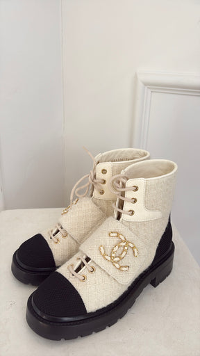 Chanel Ivory Tweed and Black Combat Boots, 36.5 C