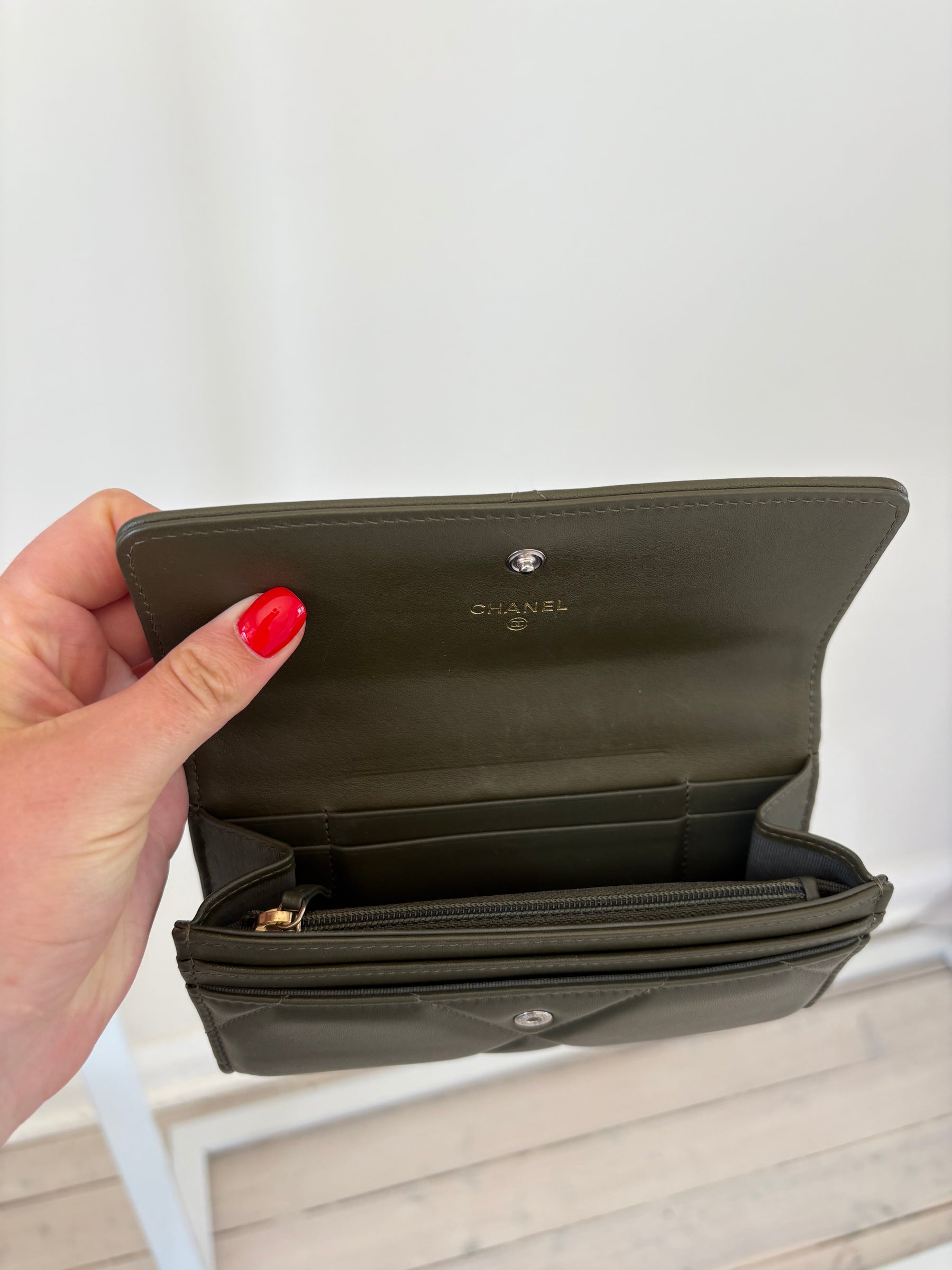 Chanel Khaki Leather 19 Flap Wallet