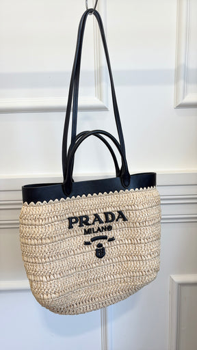 Prada Raffia Logo Tote with Black Leather Trim