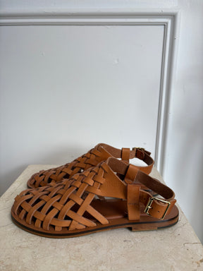 Mansur Gavriel Tan Woven Leather Sandals, 36