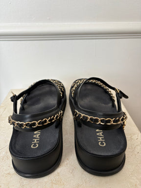 Chanel Black Leather and Chain Platform Sandals, 38