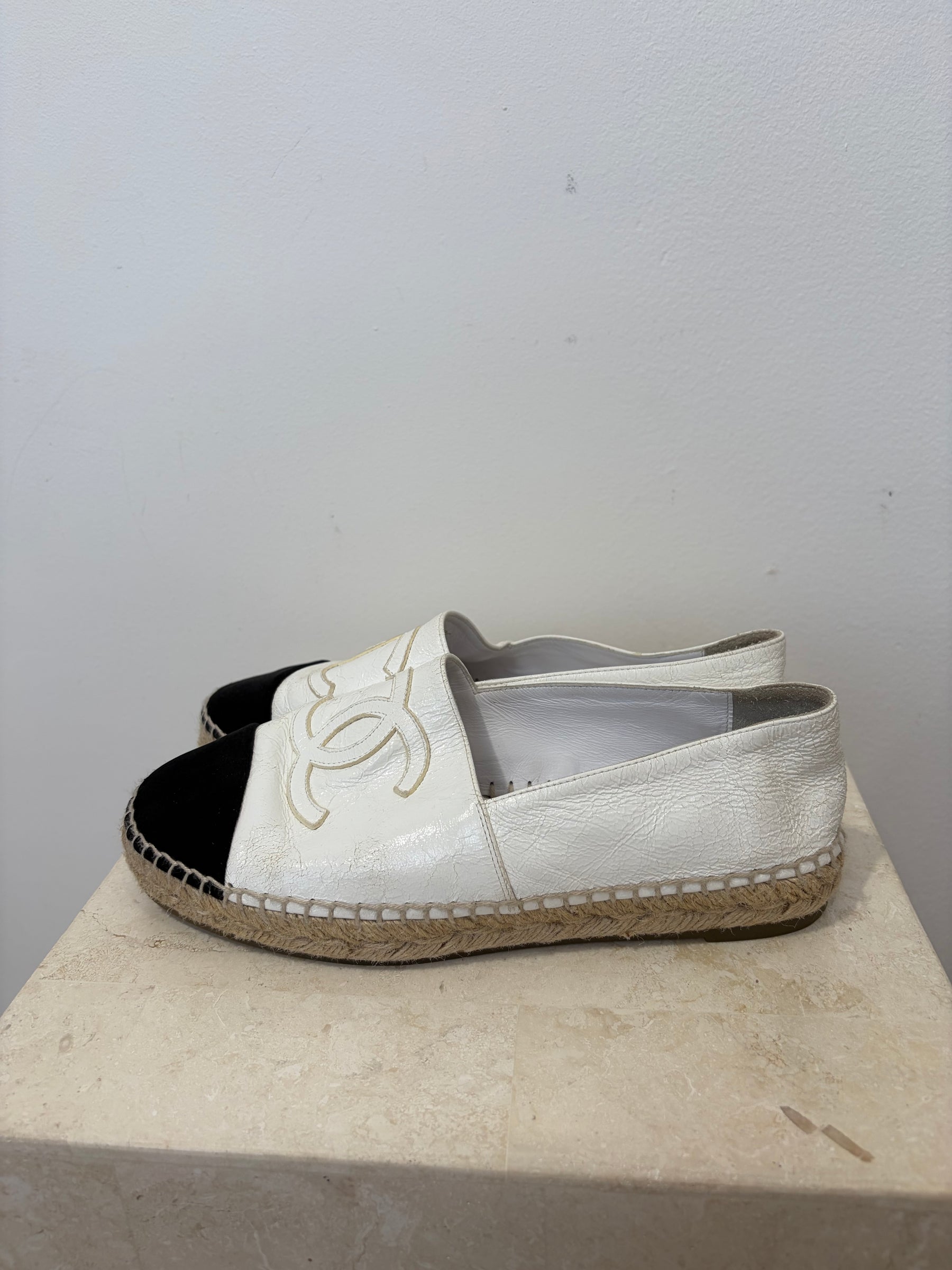 Chanel White Crackled Patent and Black Velvet Espadrilles, 38