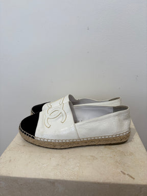 Chanel White Crackled Patent and Black Velvet Espadrilles, 38