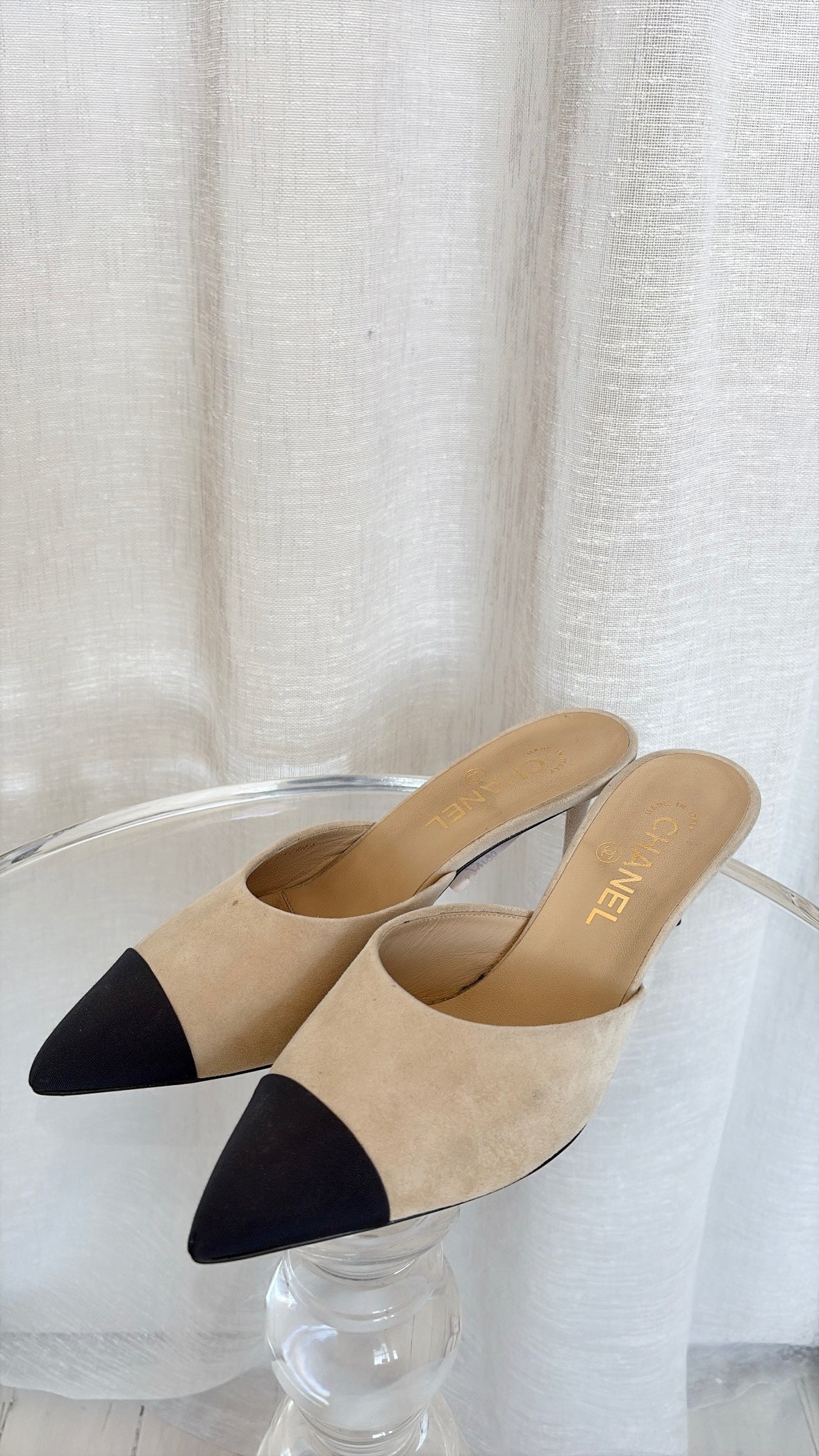 Chanel Stone Suede and  Black Pointed Mules, 40