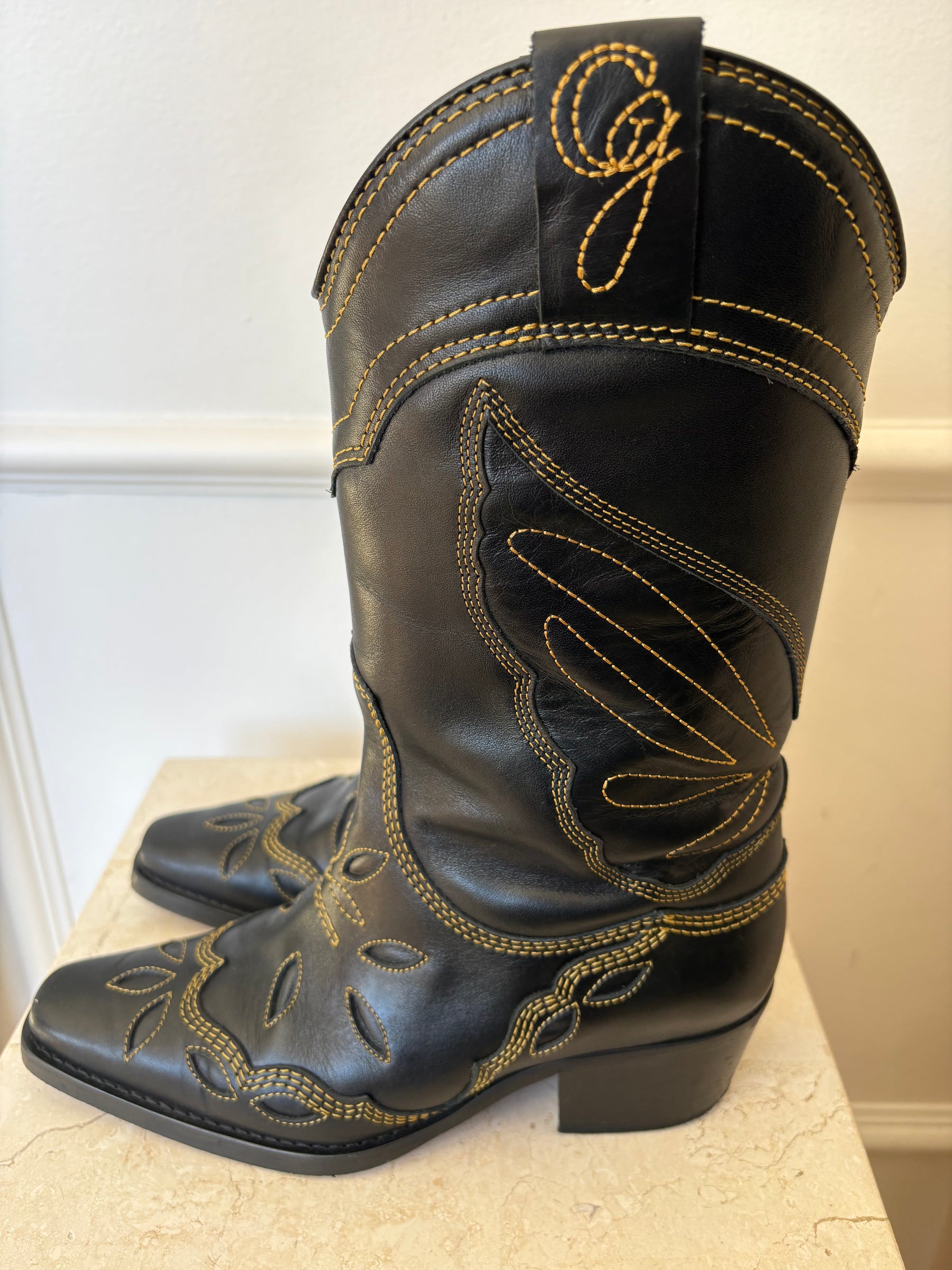 GANNI Embroidered Cowboy Boots Black, 36