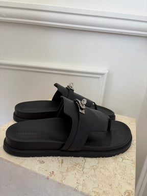 Hermès Black Leather Empire Sandals, 41