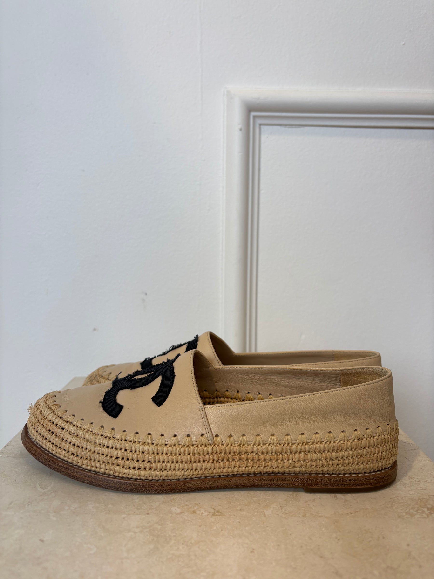 Chanel Beige Leather and Raffia Logo Loafer, 37