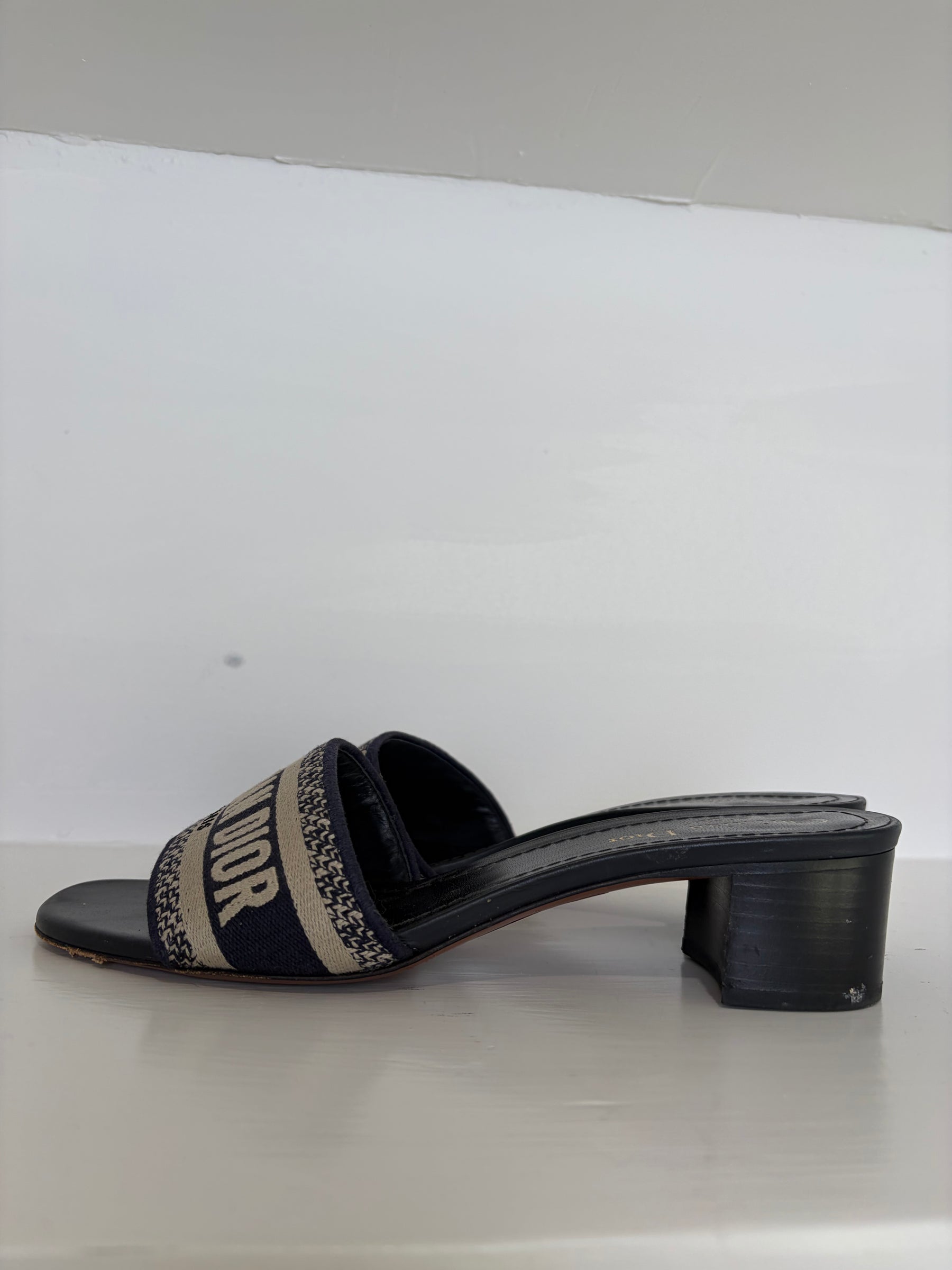 Dior Navy and Beige Canvas Logo Heeled Mules, 39.5