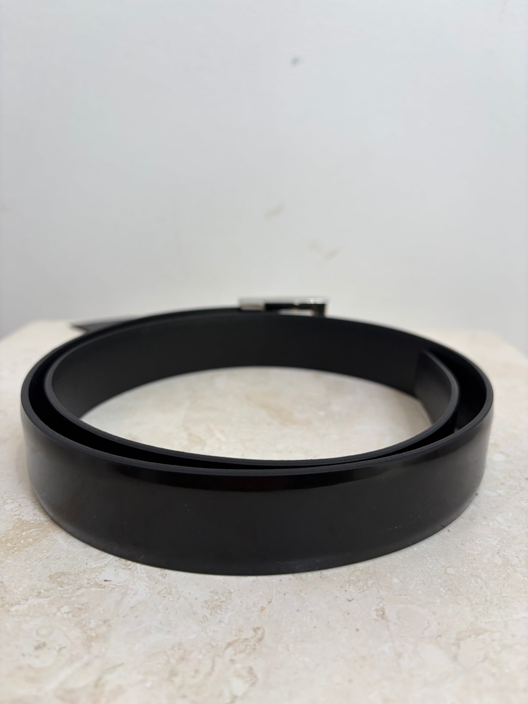 Saint Laurent Black Patent Leather Silver Buckle Belt, 80