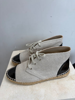 Chanel Ecru Crinkled Lace Up Espadrilles, 37