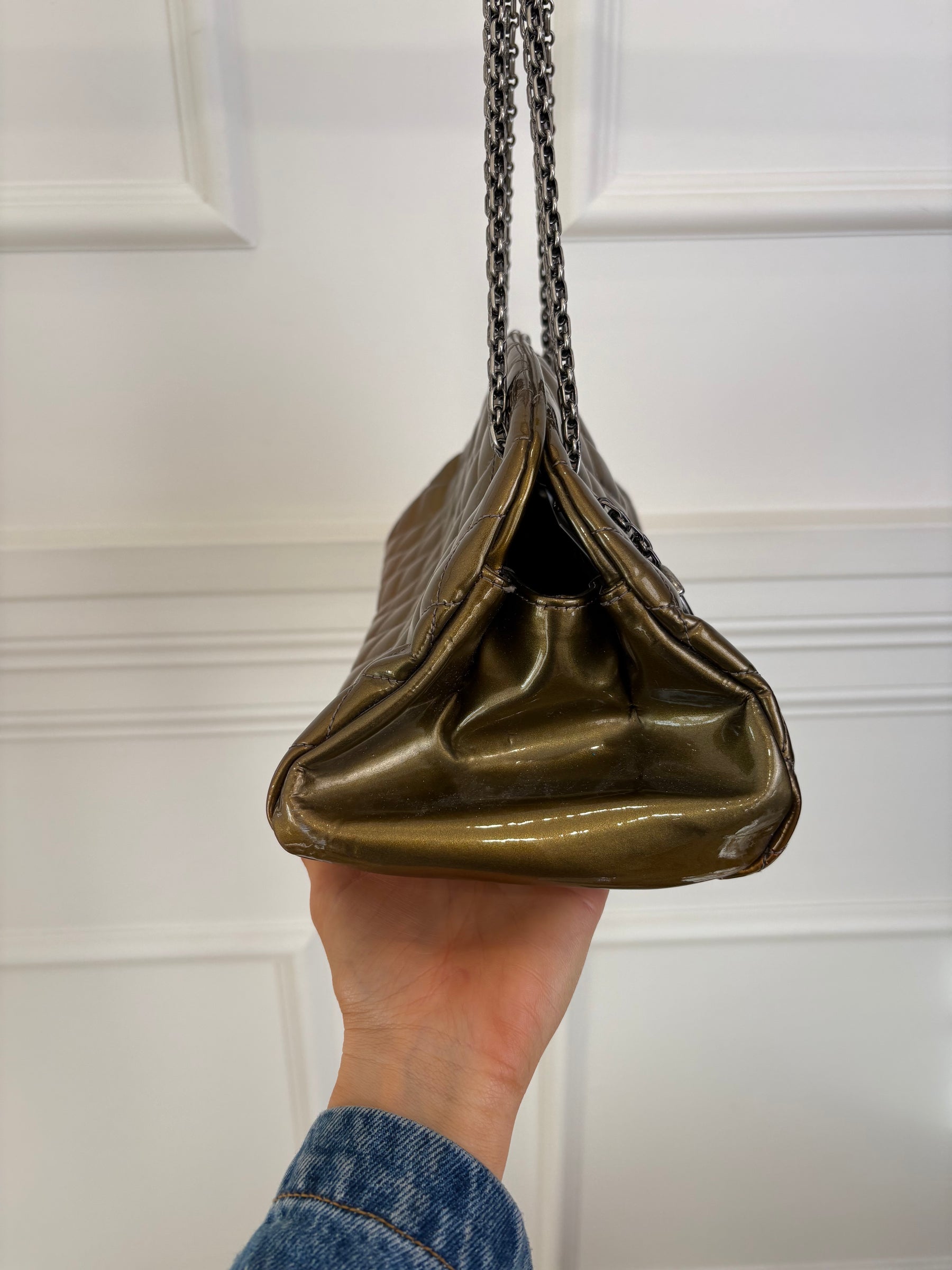 Chanel Khaki Bronze Patent Mademoiselle Bowling Bag