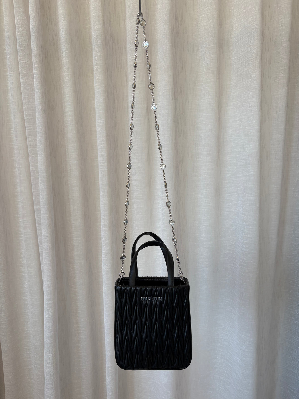 Miu Miu Black Matelasse Mini Crystal Chain Tote Bag