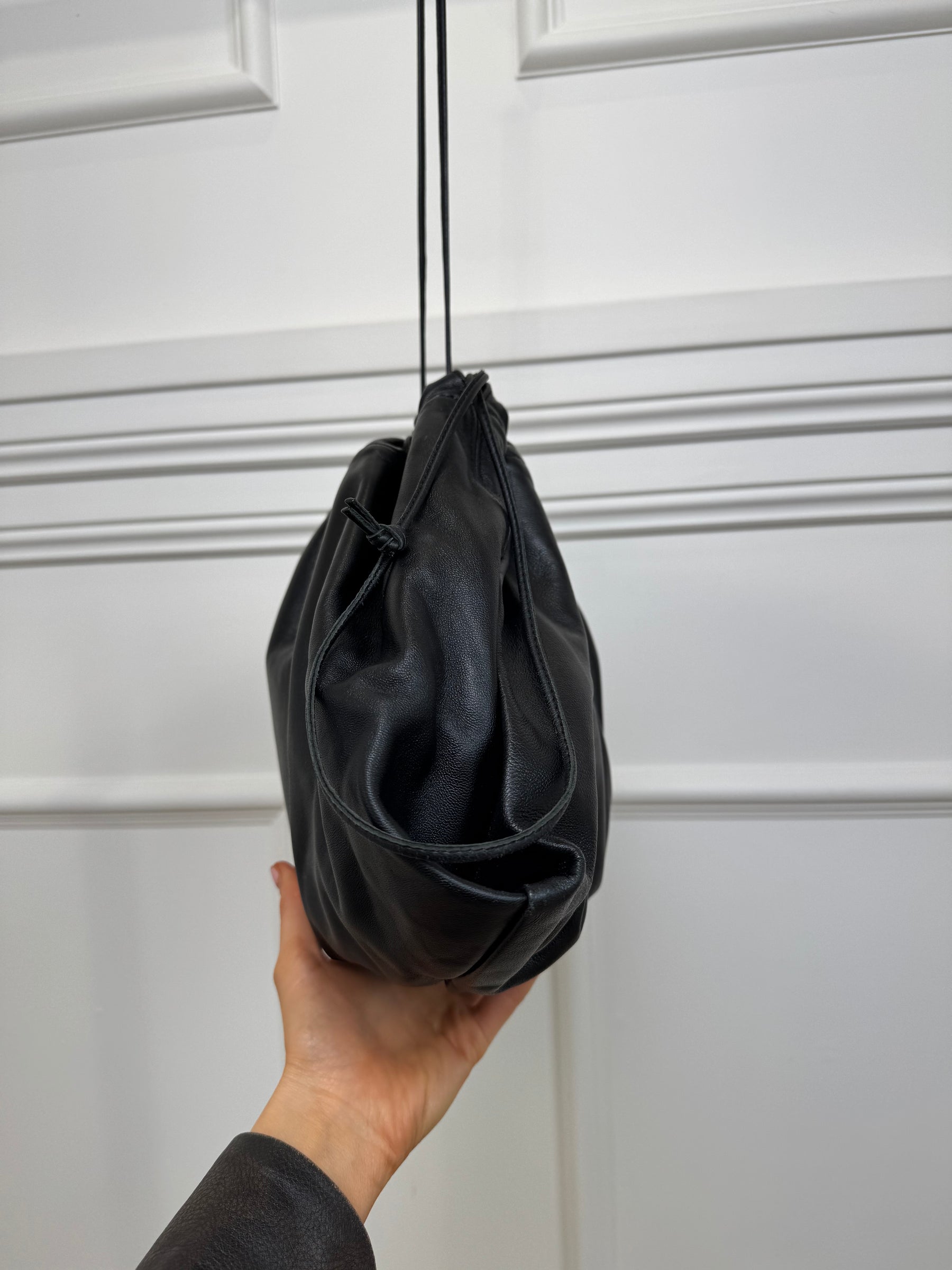 Studio Amelia Black Leather Logo Drawstring Pouch with Strap