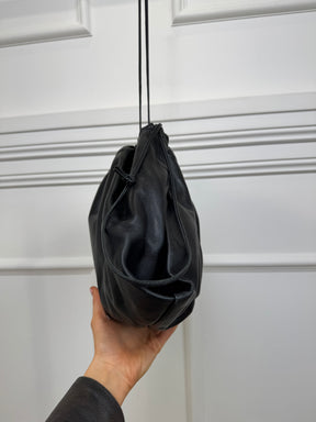 Studio Amelia Black Leather Logo Drawstring Pouch with Strap