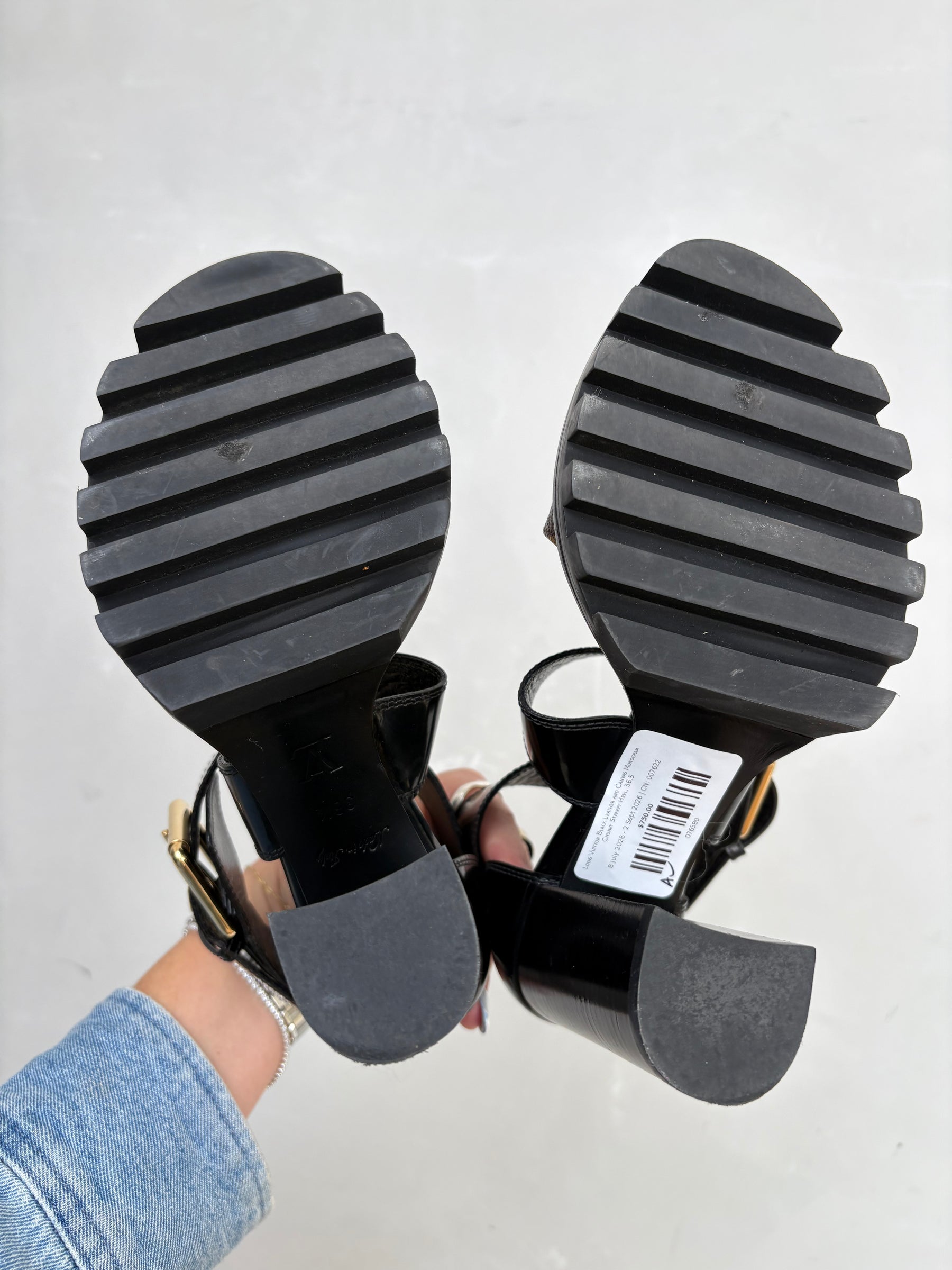 Louis Vuitton Black Leather and Canvas Monogram Chunky Strappy Heel, 36.5