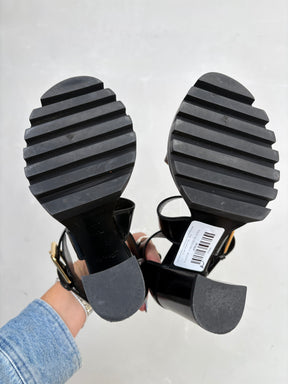 Louis Vuitton Black Leather and Canvas Monogram Chunky Strappy Heel, 36.5