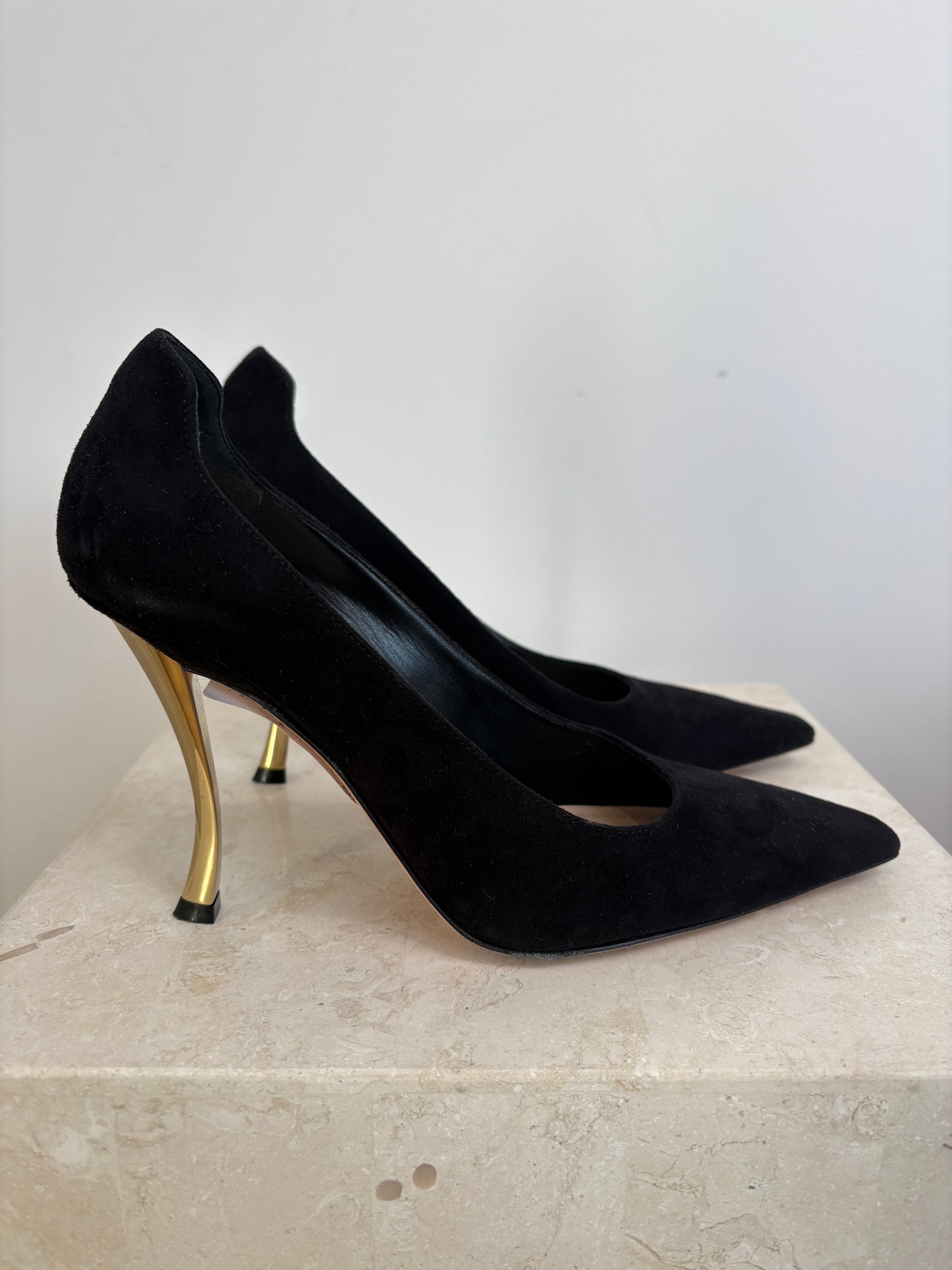 Dior Black Suede Gold Heel Pumps, 38.5