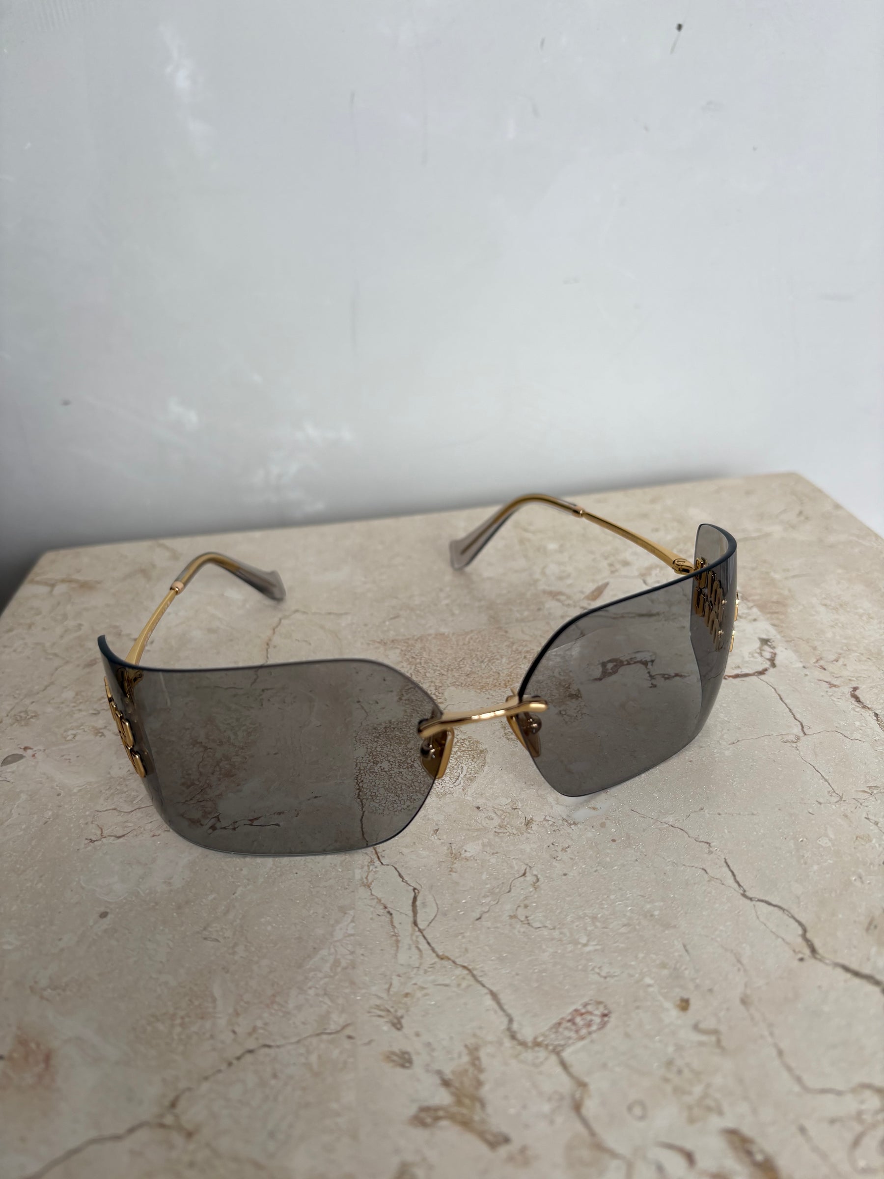 Miu Miu Grey and Gold Wrap Around Logo Sunglasses