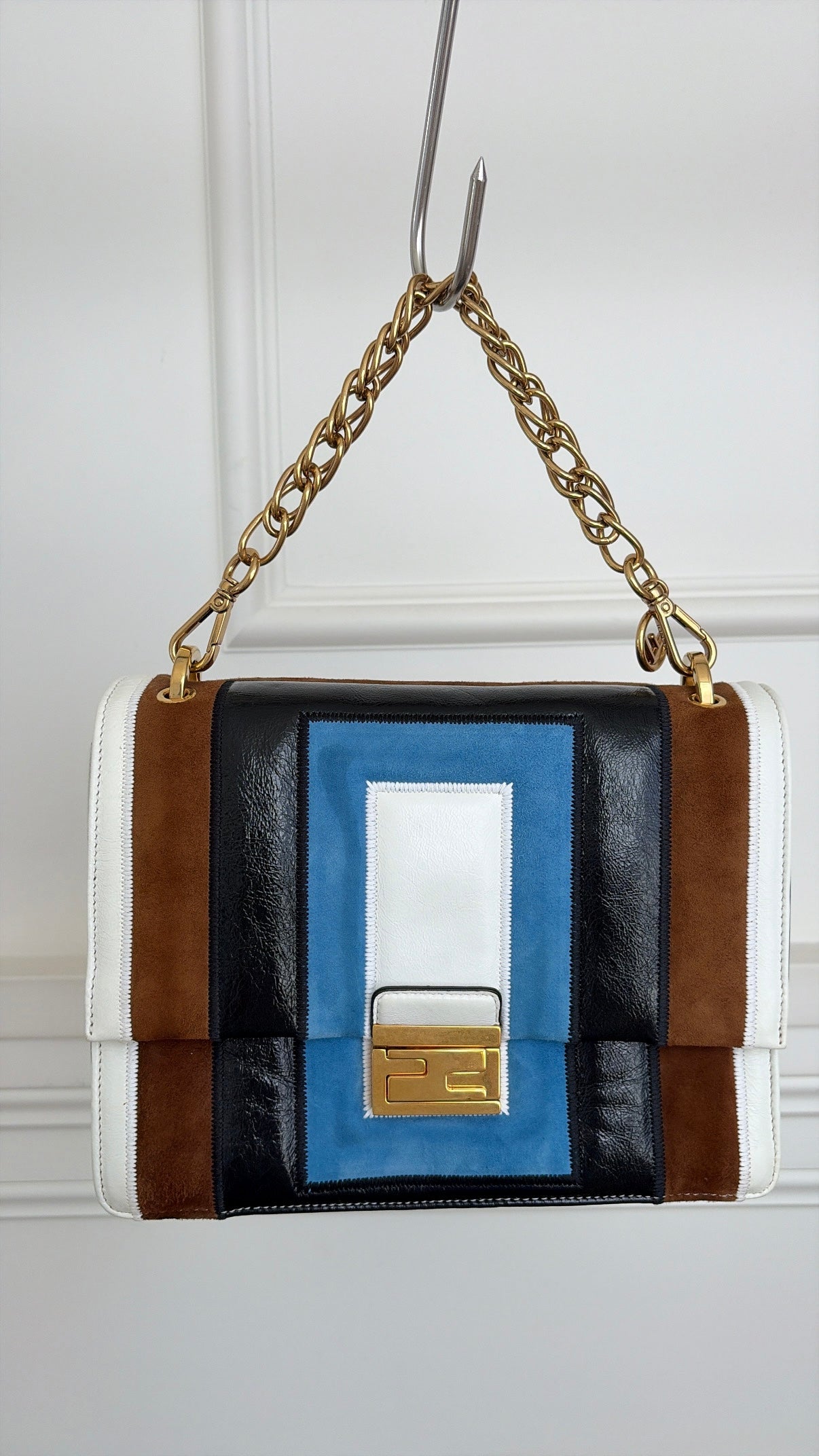 Fendi White Brown Black and Blue Suede and Leather Kan U Shoulder Bag