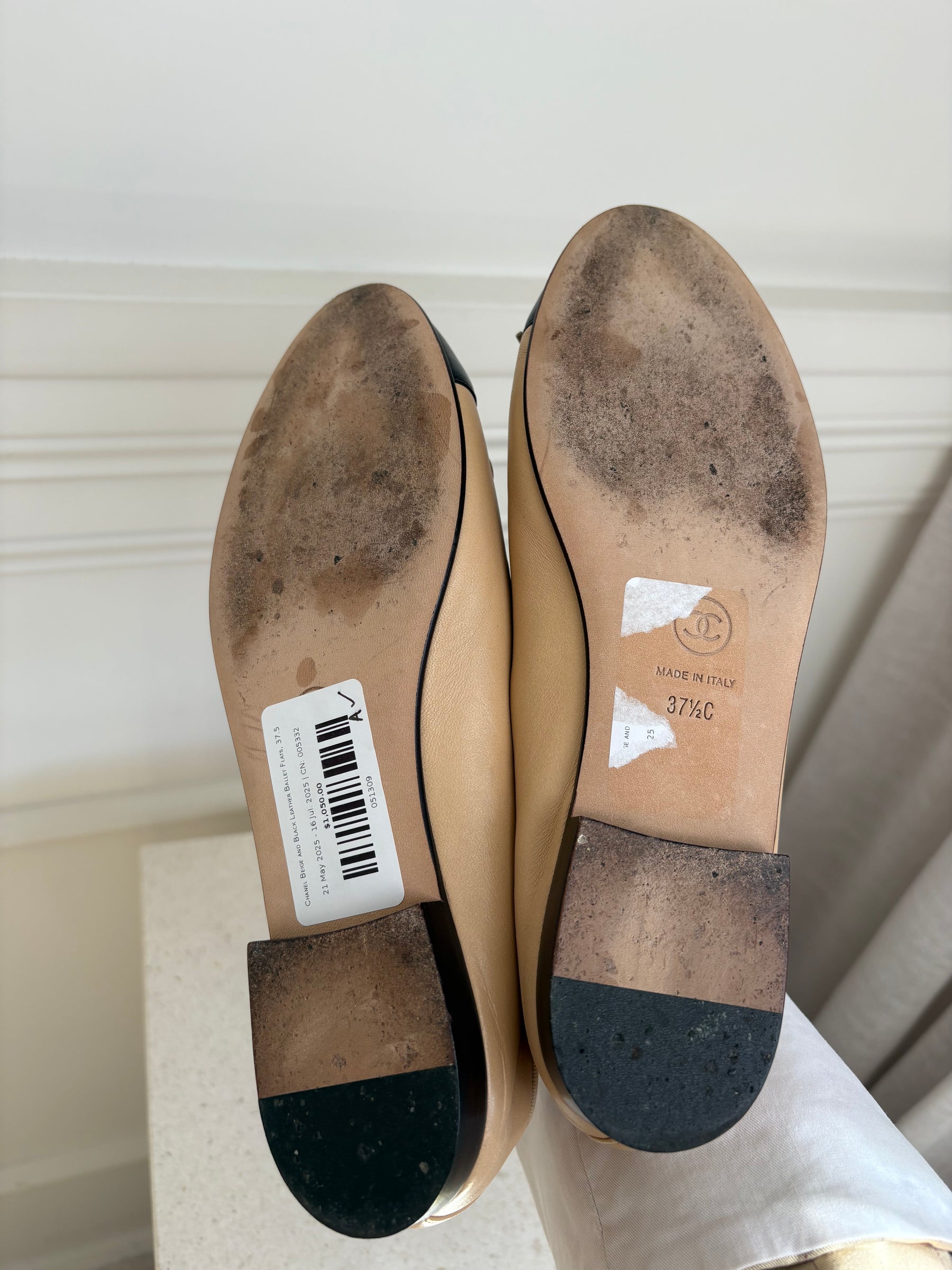 Chanel Beige and Black Leather Ballet Flats, 37.5