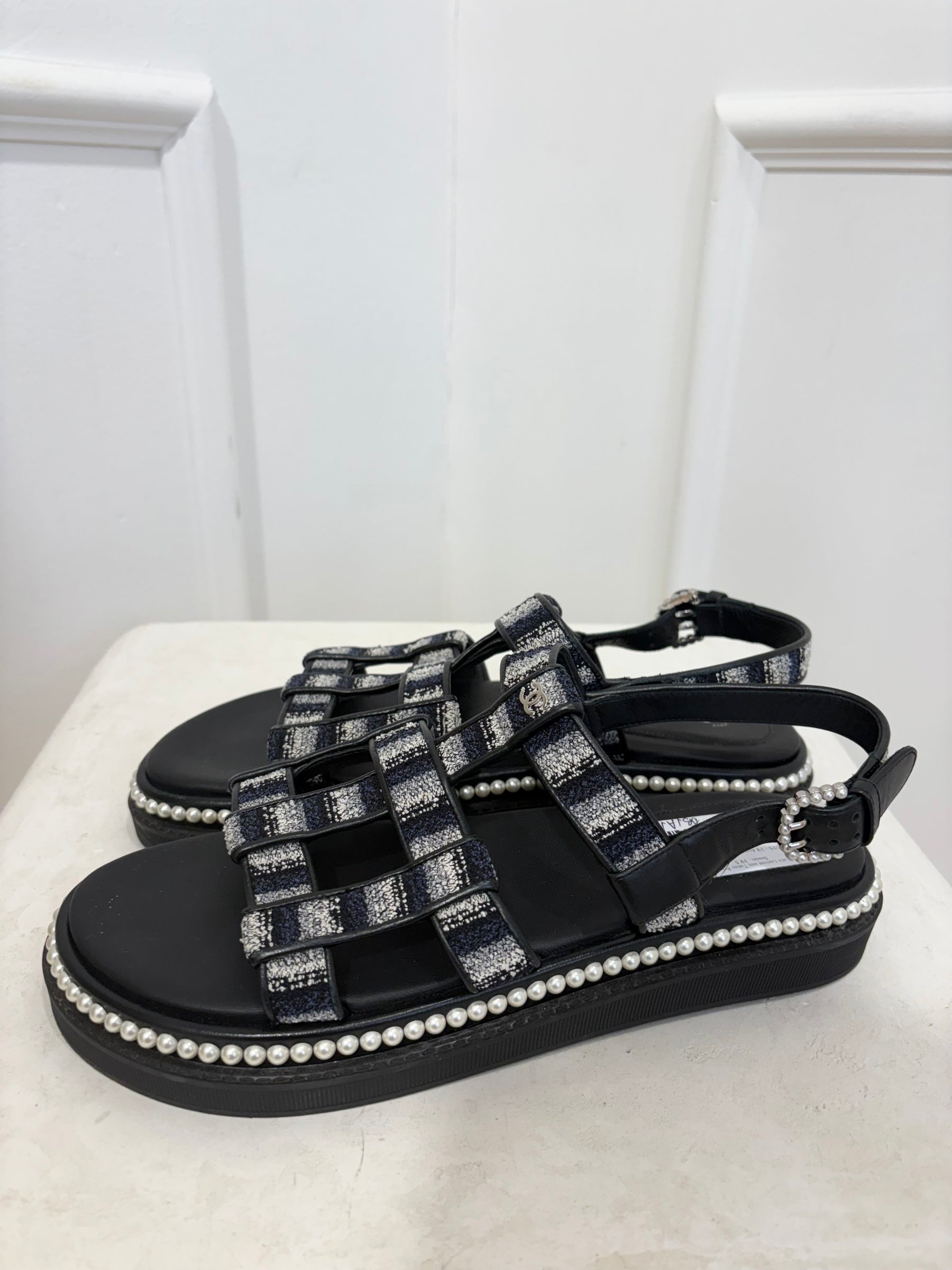 Chanel Black Leather and Tweed Pearl Detail Sandal, 39.5