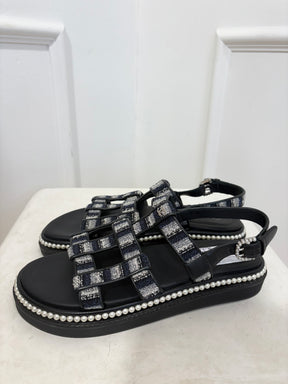 Chanel Black Leather and Tweed Pearl Detail Sandal, 39.5