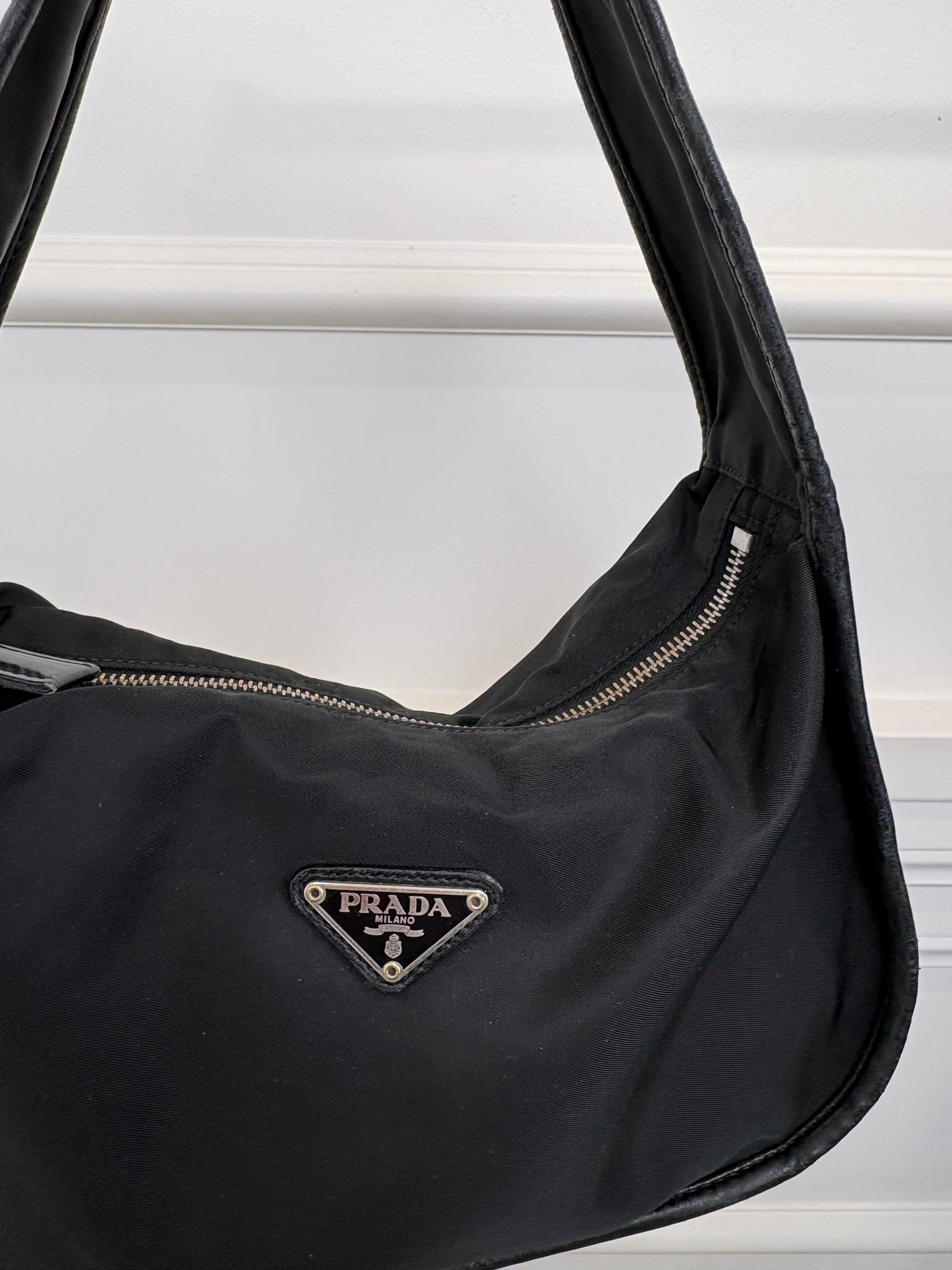 Prada Black Nylon Leather Trimmed Shoulder Bag