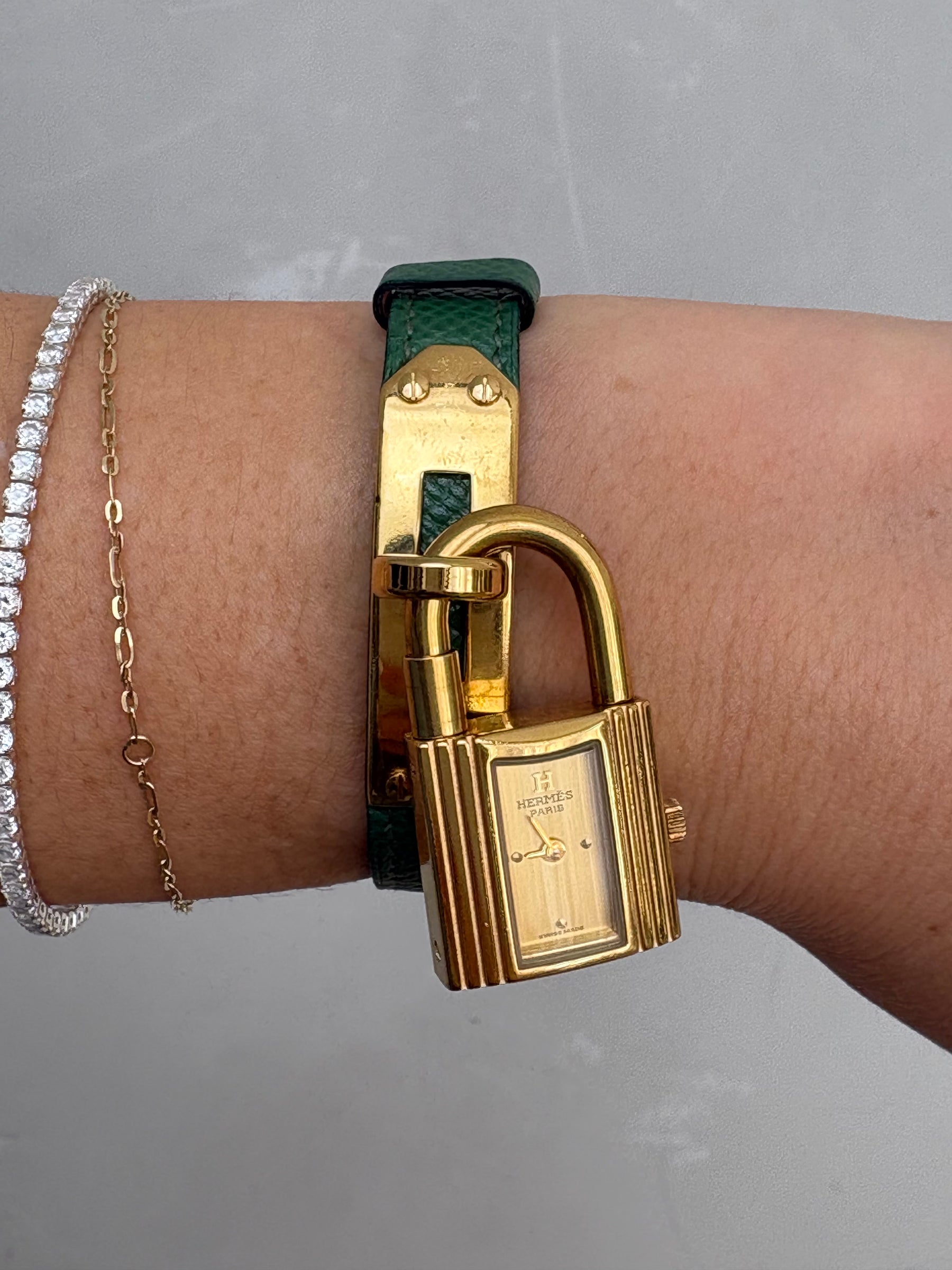 Hermes Kelly Watch In Green Gold