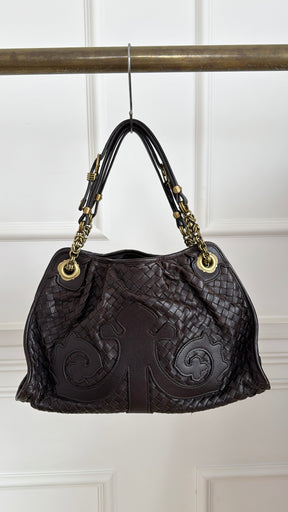 Bottega Veneta Brown Intrecciato Leather Chain Shoulder Bag with Leather Applique