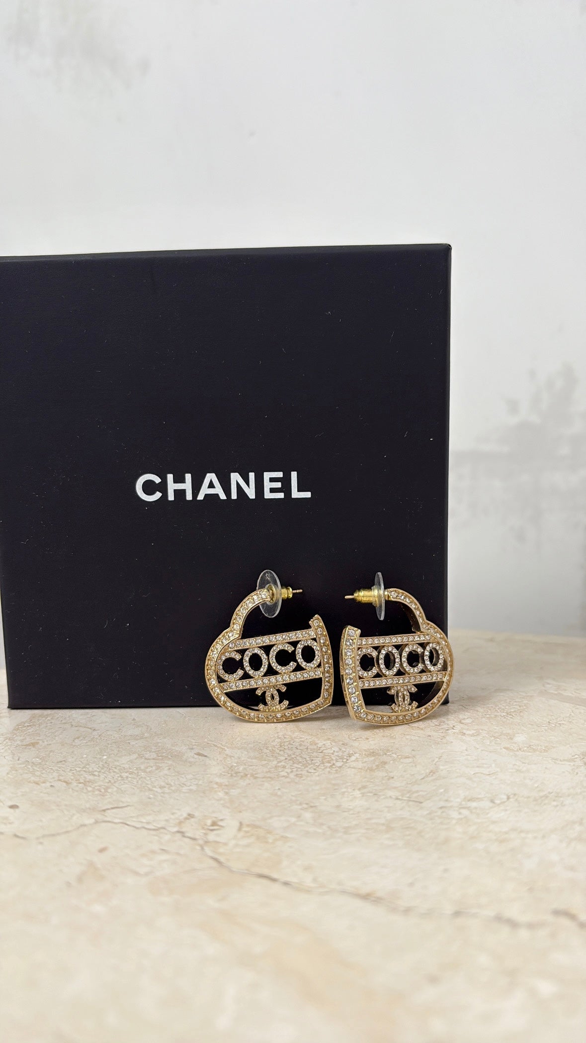 Chanel Coco Mark Heart Shaped Hoop Earrings With Rhinestones