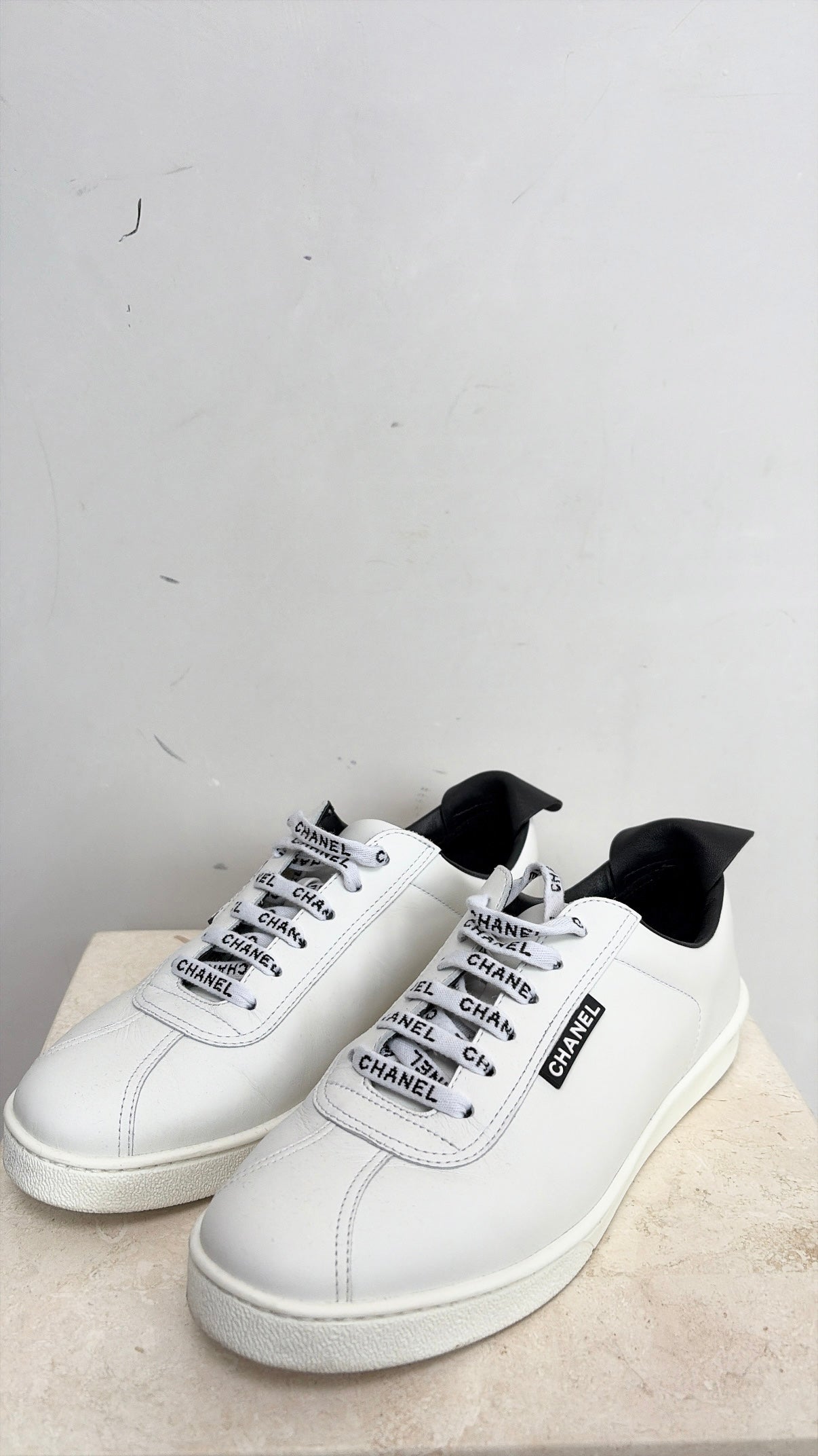 Chanel Uniform White Leather Logo Sneakers, 38.5