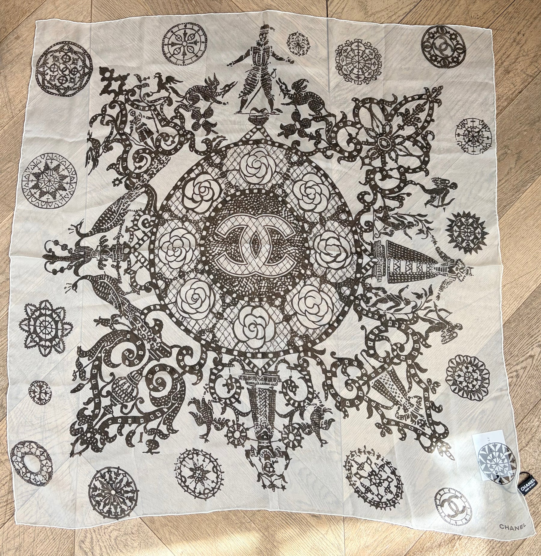 Chanel Sheer Cream and Black Silk Printed 85cm Square Scarf