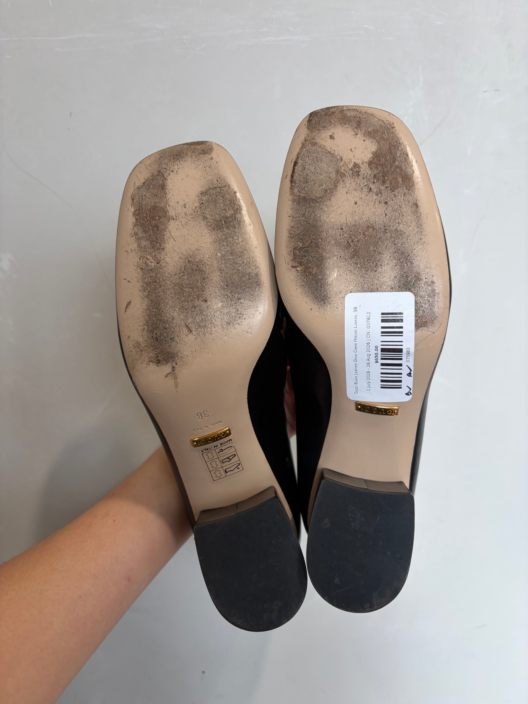 Gucci Black Leather Gold Chain Heeled Loafer, 38