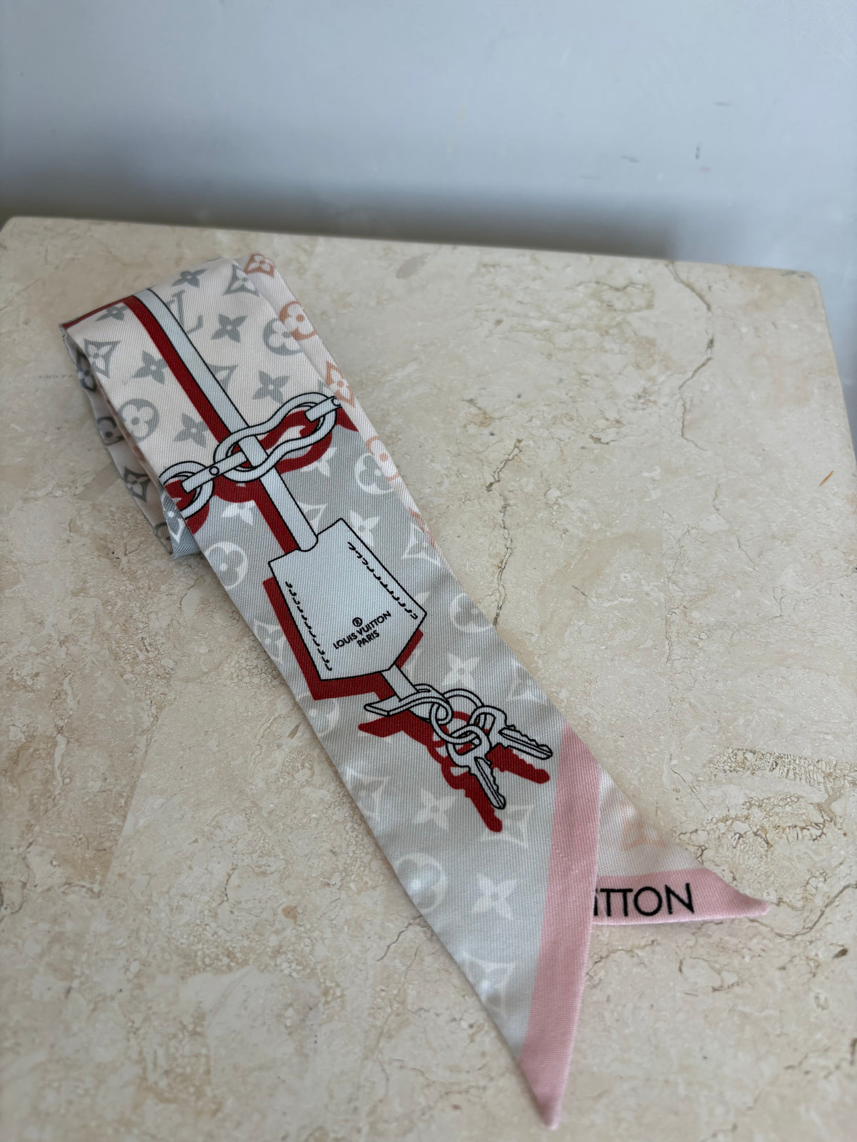 Louis Vuitton Beige White and Red Monogram Logo Silk Twilly