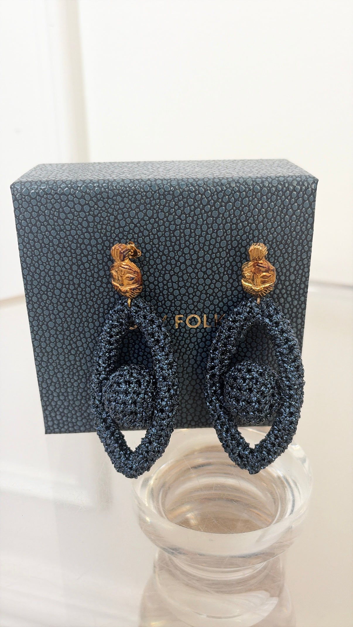 Lucy Folk Blue Metallic Crochet Oval Earrings