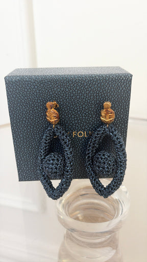 Lucy Folk Blue Metallic Crochet Oval Earrings