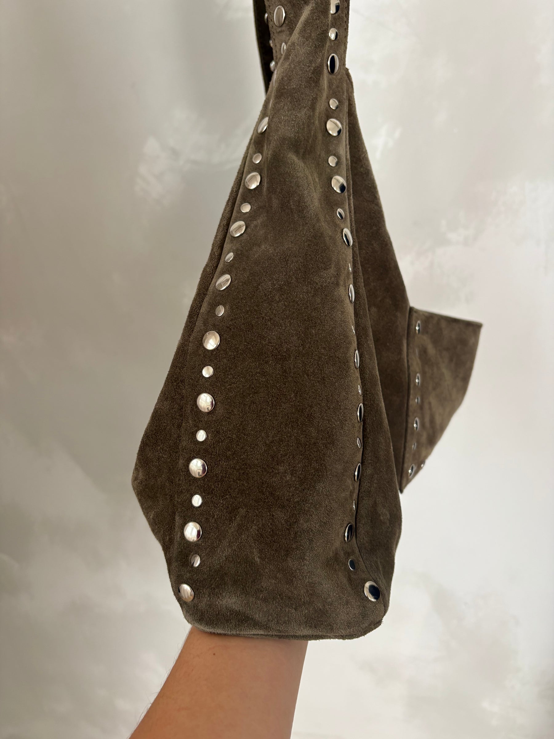 gimaguas Khaki Suede Studded Shoulder Maxi Franca Bag