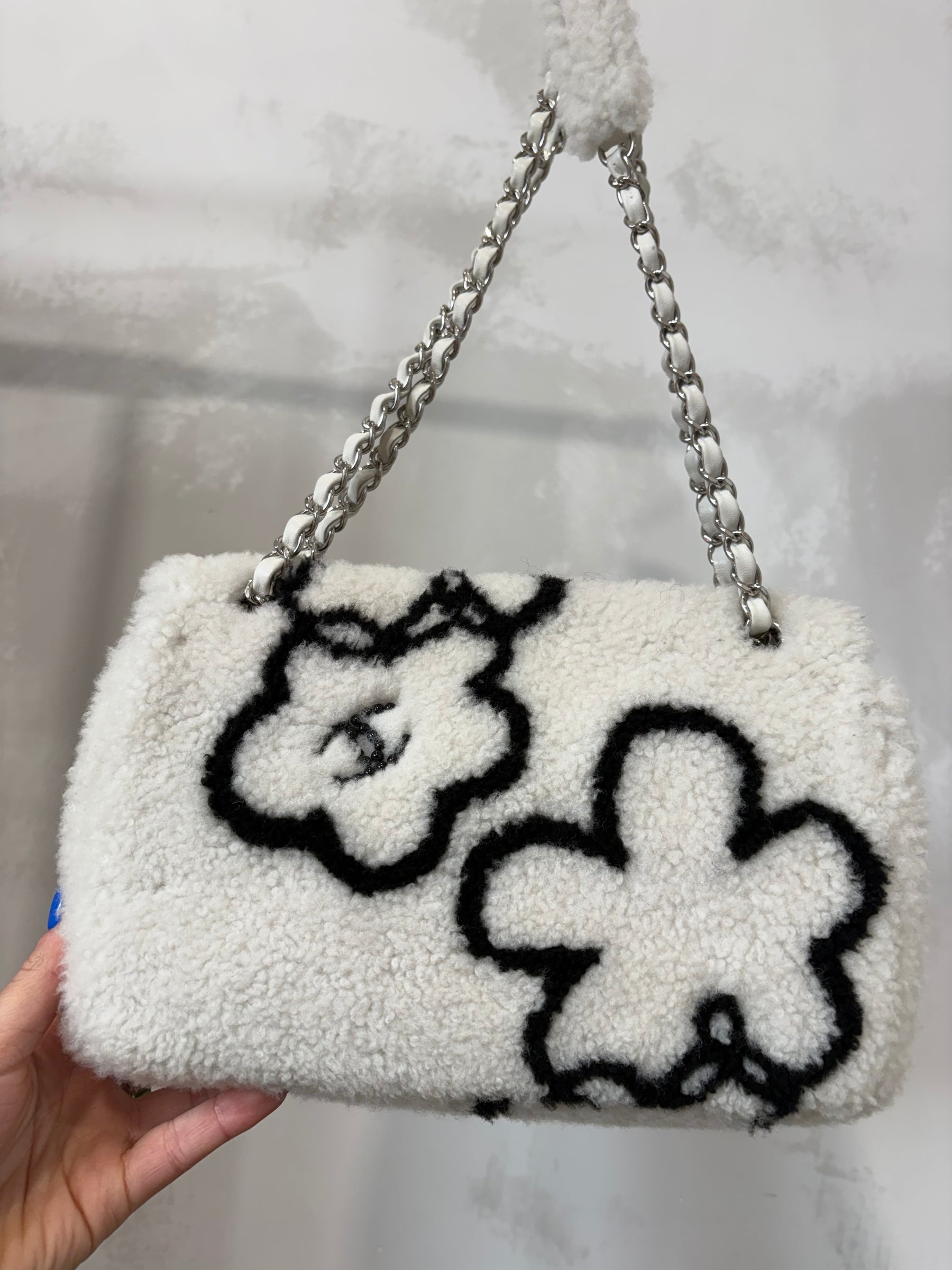 Chanel White and Black Floral Logo Medium Shearling Flap Bag