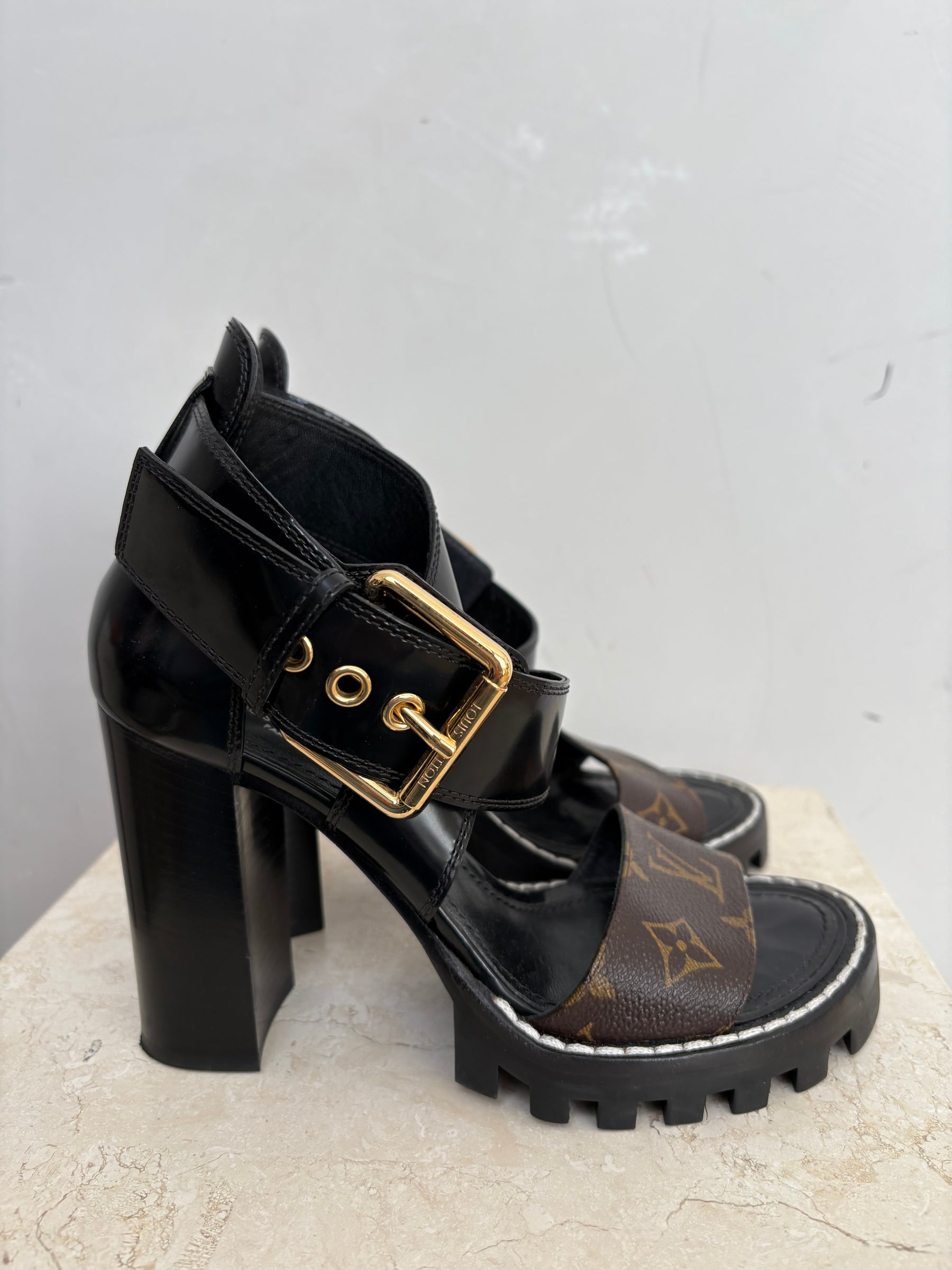 Louis Vuitton Black Leather and Canvas Monogram Chunky Strappy Heel, 36.5