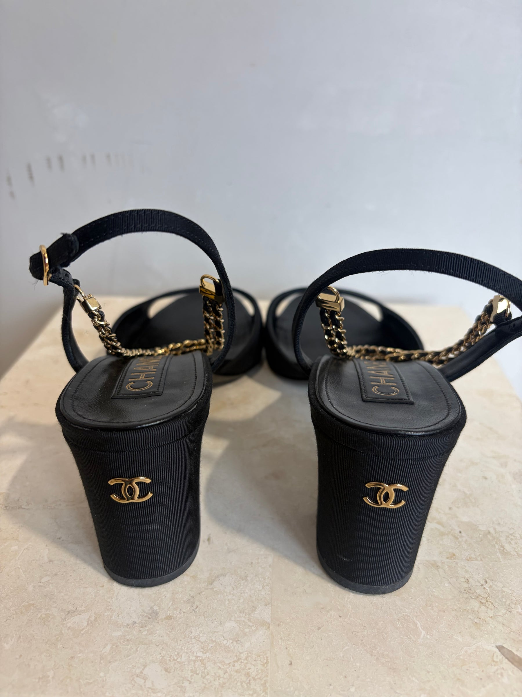 Chanel Black Grosgrain Peep-toe Chain Slingback Heels, 39C