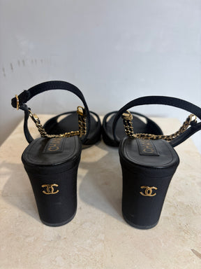 Chanel Black Grosgrain Peep-toe Chain Slingback Heels, 39C