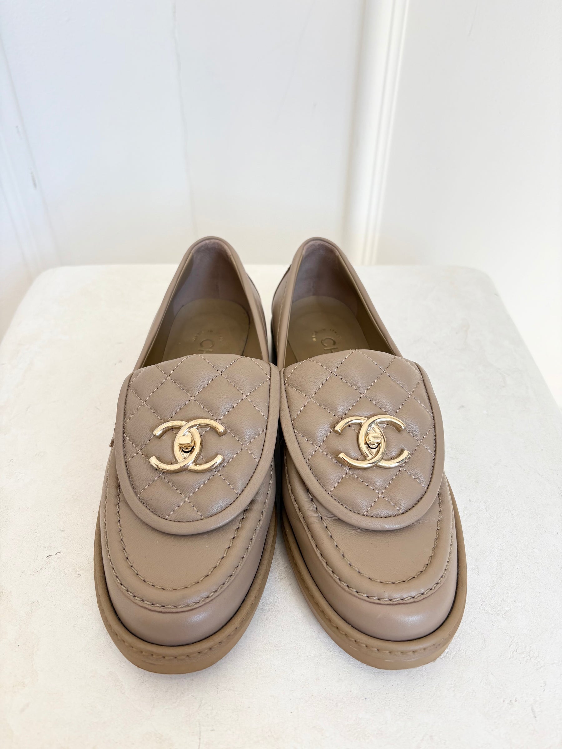 Chanel Dark Beige CC Turn Lock Loafers, 36.5 C