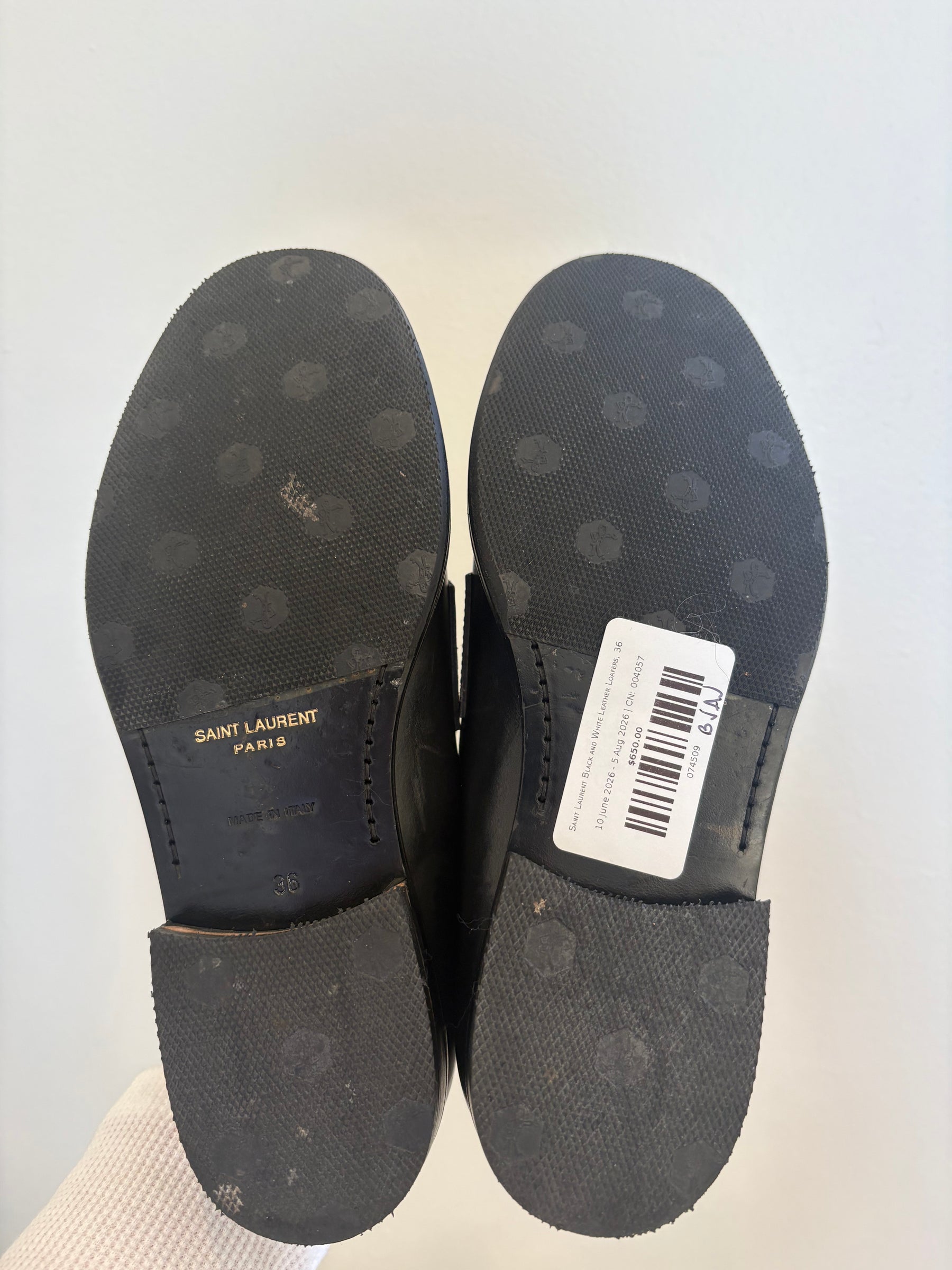 Saint Laurent Black and White Leather Loafers, 36