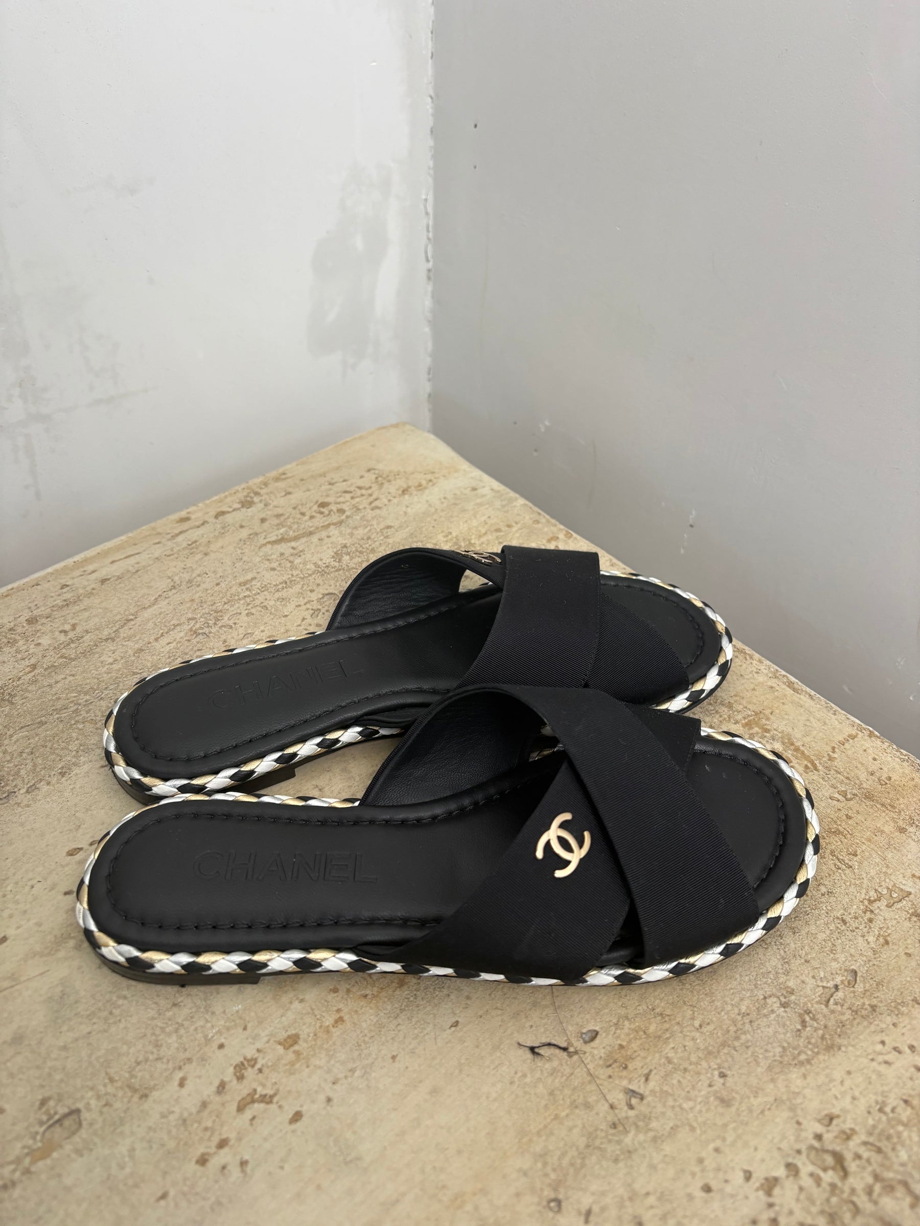 Chanel Black Grosgrain Cross Over Logo Slides, 36 C