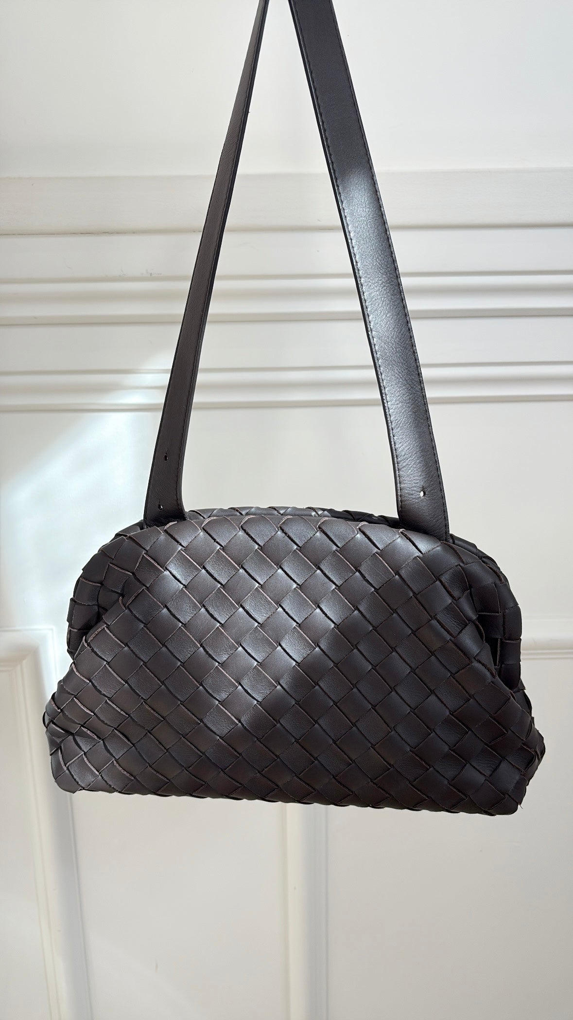 Bottega Veneta Dark Brown Intrecciato Leather Pouch With Leather Strap