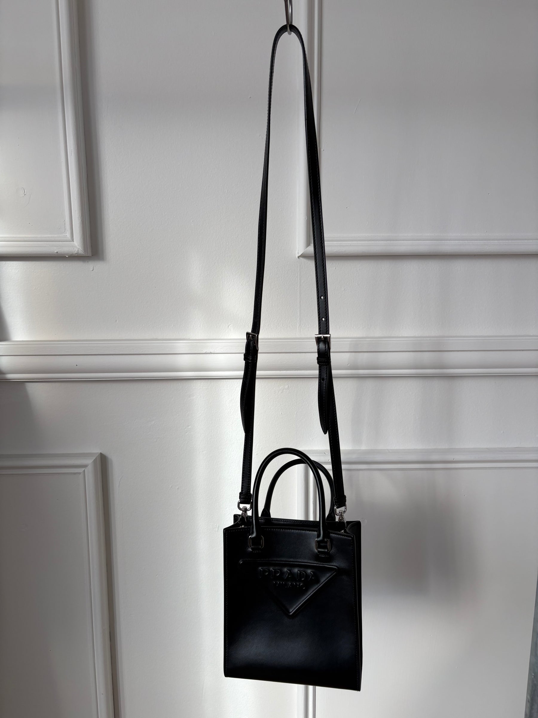 Prada Black Leather Triangle Logo Mini Tote