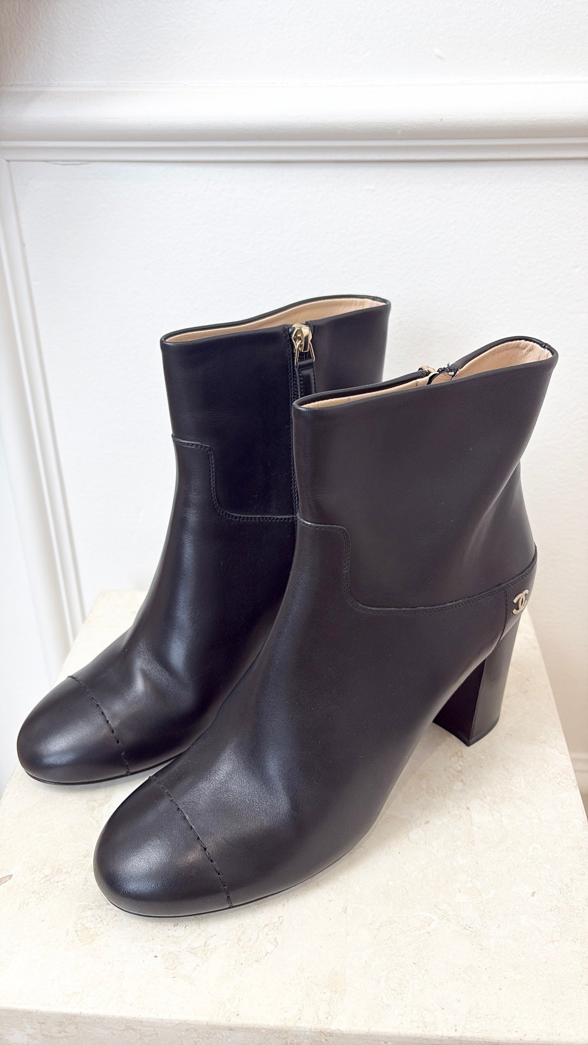 Chanel Black Leather Heeled Ankle Boots, 41 C