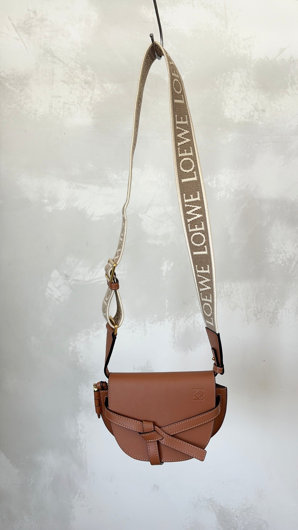 Loewe Mini Gate Dual Bag in Soft Calfskin and Jacquard Strap in Tan